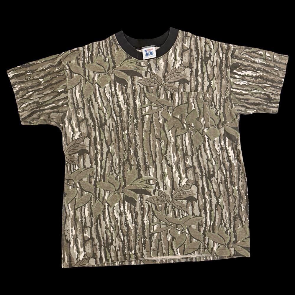 Vintage Mossy Oak Style Camo Tee USA Made Pocket T Shirt Real Tree XL